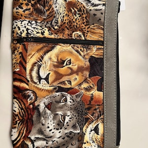 ig Cat Wristlet Pouch – 9x7” Zipper Bag with Faux Leather Back | Handmade Jungle Print