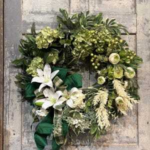 White and Green Faux Floral Wreath for Door, Designer Flower Front Door Wreath