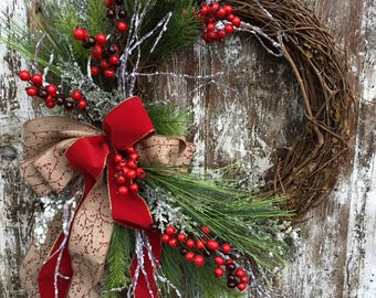 Winter Weihnachtskranz für Tür - Rot-weißer Feiertagskranz - Country Christmas Wreath