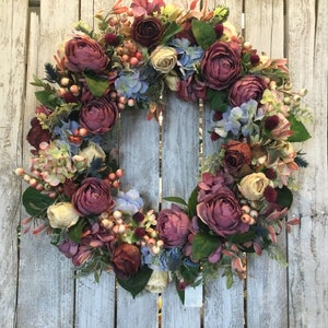 Burgundy Floral Wreath for Door, Wall Wreath Burgundy and Blue, Dark Color Floral Wreath