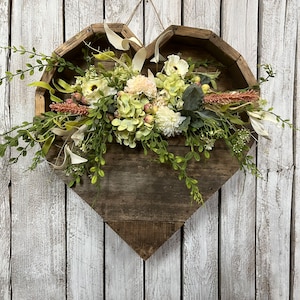 Rustic Wooden Heart Wall Hanging, Heart Wreath Wall Decor with Flowers, Reclaimed Wooden Heart Door Hanger with Florals