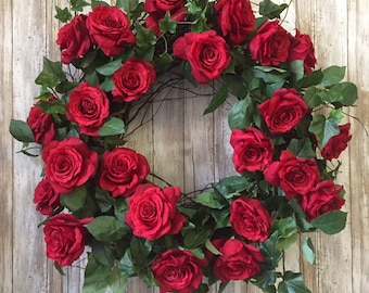 Red Rose Wreath for Door, Artificial Flower Wreath