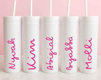 Custom Name Tumbler with Straw and Lid – White Water Bottle Skinny Cup, Pink Love Vacation Cup, bridesmaid wedding gifts, bachelorette gifts
