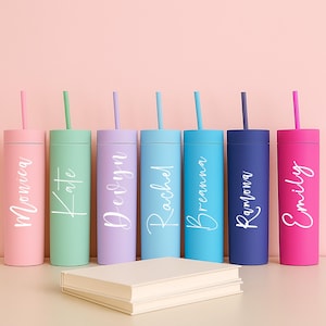 Custom Name Tumbler with Straw and Lid – Pastel Matte Skinny Cup, bridesmaid wedding gifts, bachelorette gifts