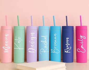 Custom Name Tumbler with Straw and Lid – Pastel Matte Skinny Cup, bridesmaid wedding gifts, bachelorette gifts