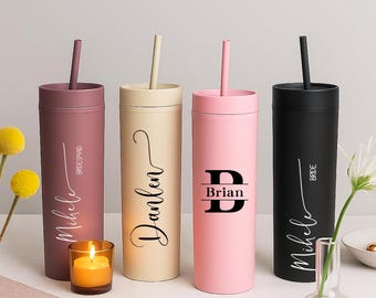 Custom Name Tumbler with Straw and Lid – Pastel Matte 16 oz Skinny Cup, bridesmaid wedding gifts, Bridesmaid gifts