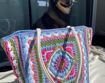 Bolsa Boho de Crochê Feita à Mão | Bolsa Tote de Crochê Colorida | Bolsa para Festival | Bolsa Hippie | Bolsa de Verão Feminina | Bolsa Estilo Boêmio