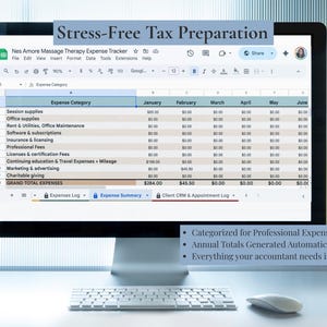 Puede incluir: Un monitor de computadora muestra una hoja de cálculo titulada "Nes Amore Massage Therapy Expense Tracker". La pantalla muestra categorías de gastos y totales mensuales. El texto "Stress-Free Tax Preparation" está en la parte superior. Un teclado y un ratón son visibles.