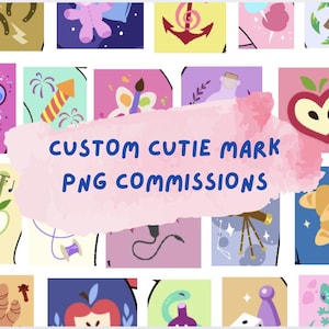 Puede incluir: Un collage de imágenes coloridas con varios diseños personalizados de cutie marks, incluyendo una herradura, una nota musical, una mariposa, un croissant y un telescopio. El texto "CUSTOM CUTIE MARK PNG COMMISSIONS" se muestra en una pancarta rosa.