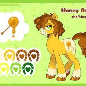 May include: A cartoon illustration of a honey-colored horse with brown curly hair. The horse has a honey dipper on its side and a green eye. The horse is standing on a green background with stars. The text "Honey Roast she/they" is at the top of the image.