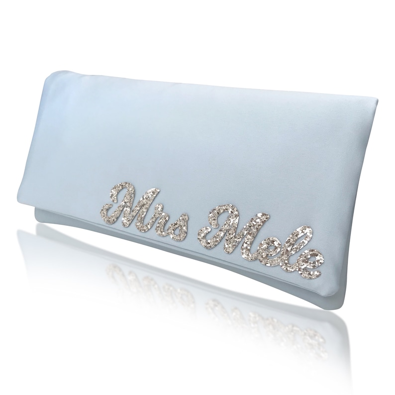 MRS surname wedding day bridal light blue clutch purse image 2