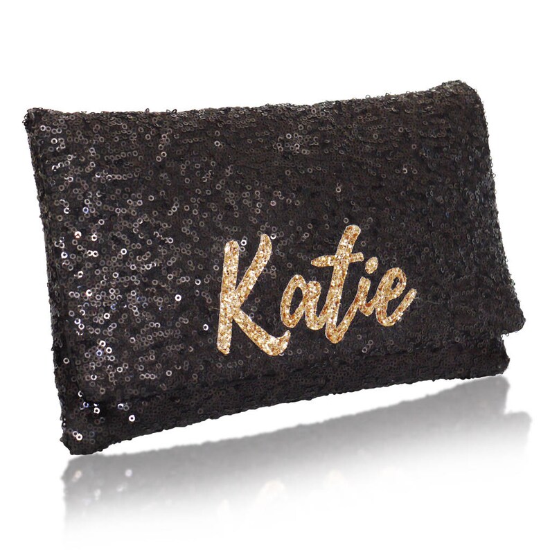 Personalized name monogram sequin clutch purse black or navy image 2
