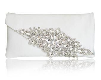 Diamante and ivory satin bridal wedding clutch purse HARRIET