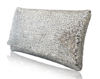 Bolso clutch liso con lentejuelas brillantes plateado