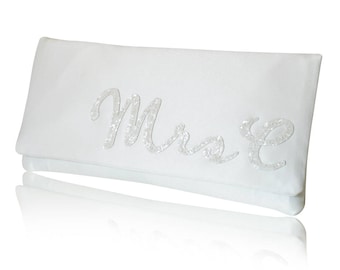 Ivory satin MRS personalised initial wedding day bridal clutch purse