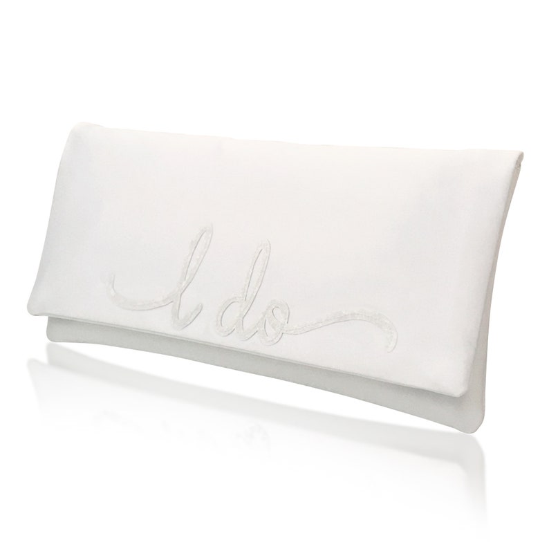 I DO wedding day bridal clutch purse flourish font Ivory glitter