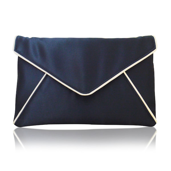 Sobre de satén azul marino y marfil Bolso clutch Katerina, damas de honor, madre de la novia