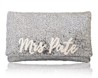 MRS Personalized name silver sequin clutch purse handbag