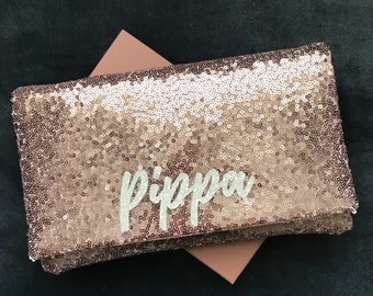 Personalized rose gold sequin clutch purse handbag