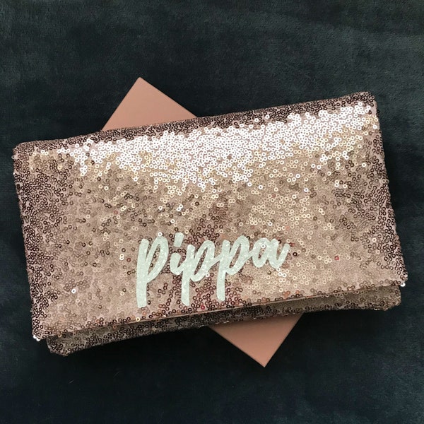 Personalized rose gold sequin clutch purse handbag