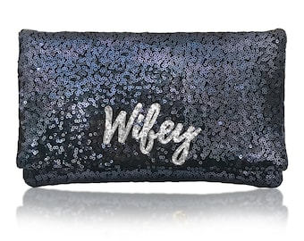 Navy or black sequin WIFEY clutch purse handbag