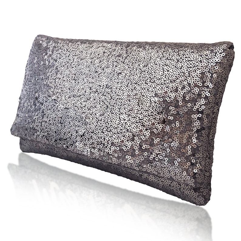 Plain sparkly sequin clutch purse gunmetal grey image 2