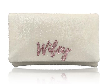 Ivory or white sequin WIFEY clutch purse handbag