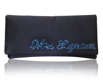 MRS surname wedding day bridal navy blue clutch purse