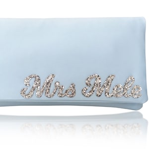 MRS surname wedding day bridal light blue clutch purse image 3
