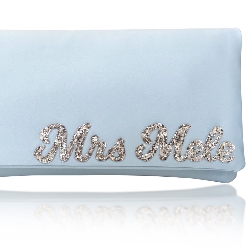 MRS surname wedding day bridal light blue clutch purse image 3