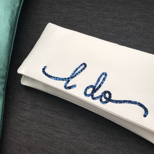 I DO wedding day bridal clutch purse flourish font Navy glitter