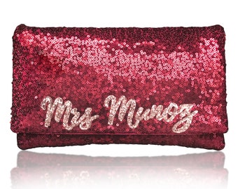 MRS Personalized dark red sequin clutch purse handbag