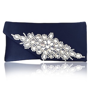 Bolso de mano tipo clutch de satén azul marino o negro y diamantes HARRIET