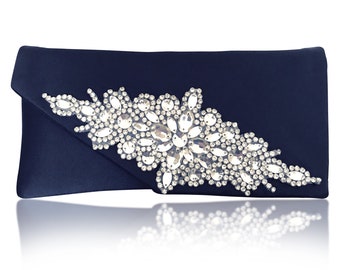 Diamante and navy or black satin clutch purse handbag HARRIET