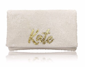 Personalized surname ivory sequin clutch purse handbag