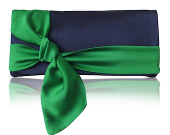 Navy and emerald satin bow PIPER clutch purse, bridesmaids, mother of the bride