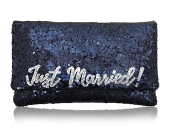 Just Married sequin clutch purse handbag black or navy