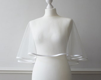 Ivory or white tulle bridal wedding cape shrug bolero with satin trim CHATHAM