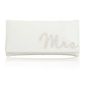 Ivory satin bridal clutch for wedding day.  The design on the front says MRS which is cut out of ivory glitter sheeting.