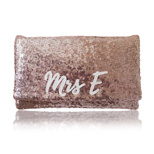 MRS Personalized initial rose gold sequin clutch purse handbag