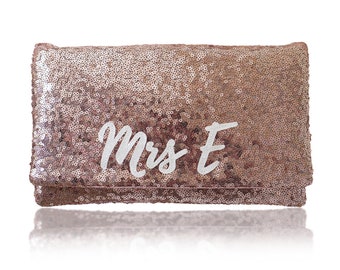 MRS Personalized initial rose gold sequin clutch purse handbag