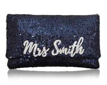 MRS Personalized surname sequin clutch purse handbag