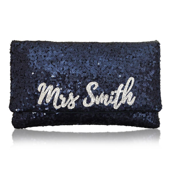 MRS Personalized surname sequin clutch purse handbag