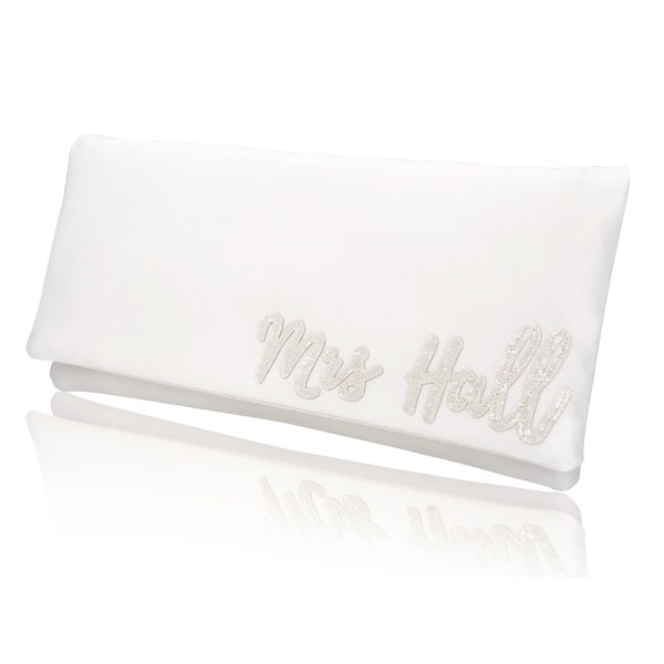 MRS surname bridal ivory clutch purse for wedding day