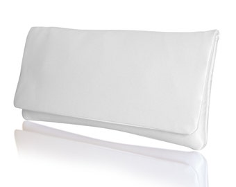 Wedding bridal clutch in plain ivory white satin HAPPILY EVER AFTER purse