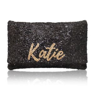 Personalized name monogram sequin clutch purse black or navy image 1