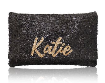 Personalized name monogram sequin clutch purse black or navy