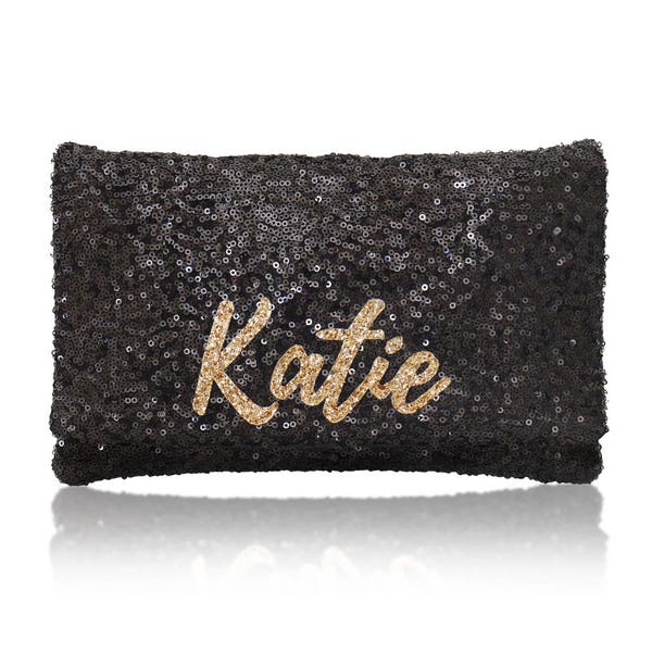 Personalized name monogram sequin clutch purse black or navy