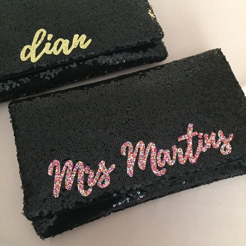 Personalized name monogram sequin clutch purse black or navy Confetti