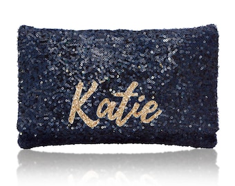 Personalized name monogram sequin clutch purse navy or black